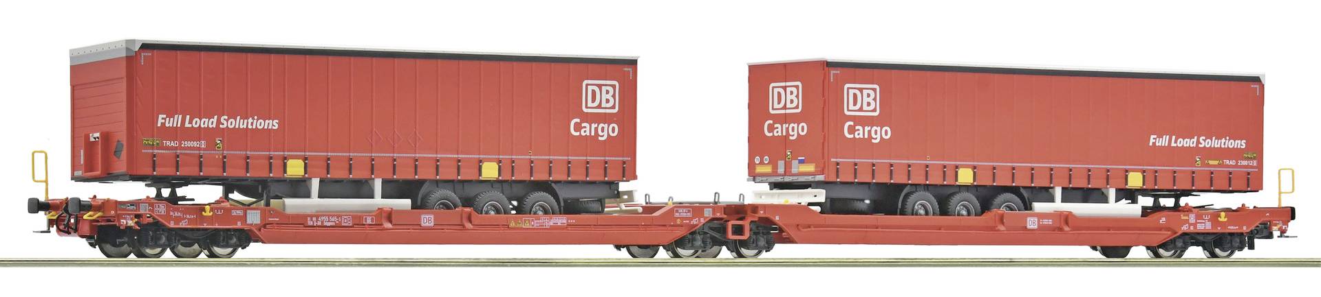 Deux wagons intermodaux rouges de DB Cargo transportant de grands conteneurs de fret rouges sur un wagon-plateforme, affichés côte à côte sur un fond blanc.