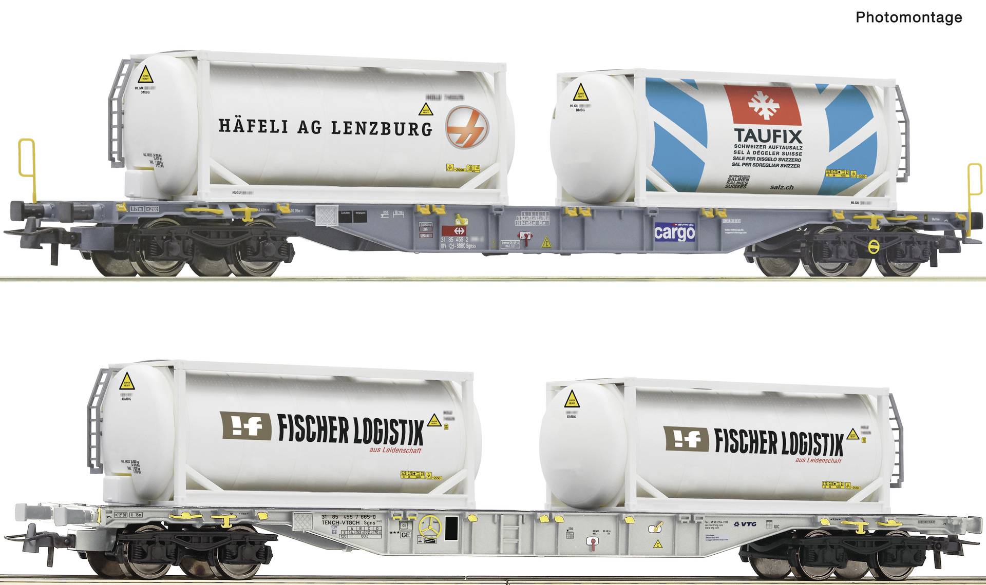Photomontage de deux wagons de fret transportant des conteneurs-citernes étiquetés « HÄFELI AG LENZBURG », « TAUFIX » et « FISCHER LOGISTIK ».