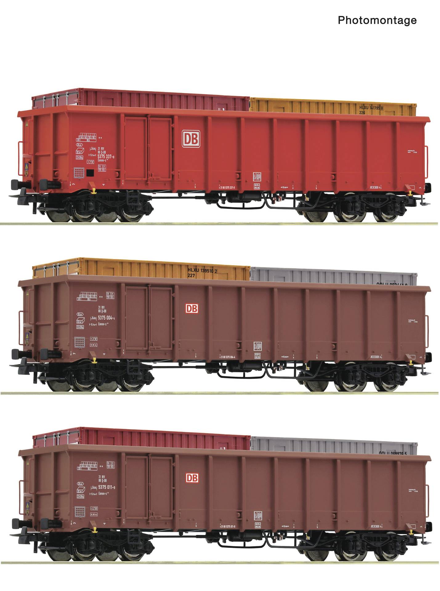 Photomontage de trois wagons de marchandises DB en rouge et brun, présentés côte à côte sur un fond blanc avec différentes configurations de bâches de chargement.
