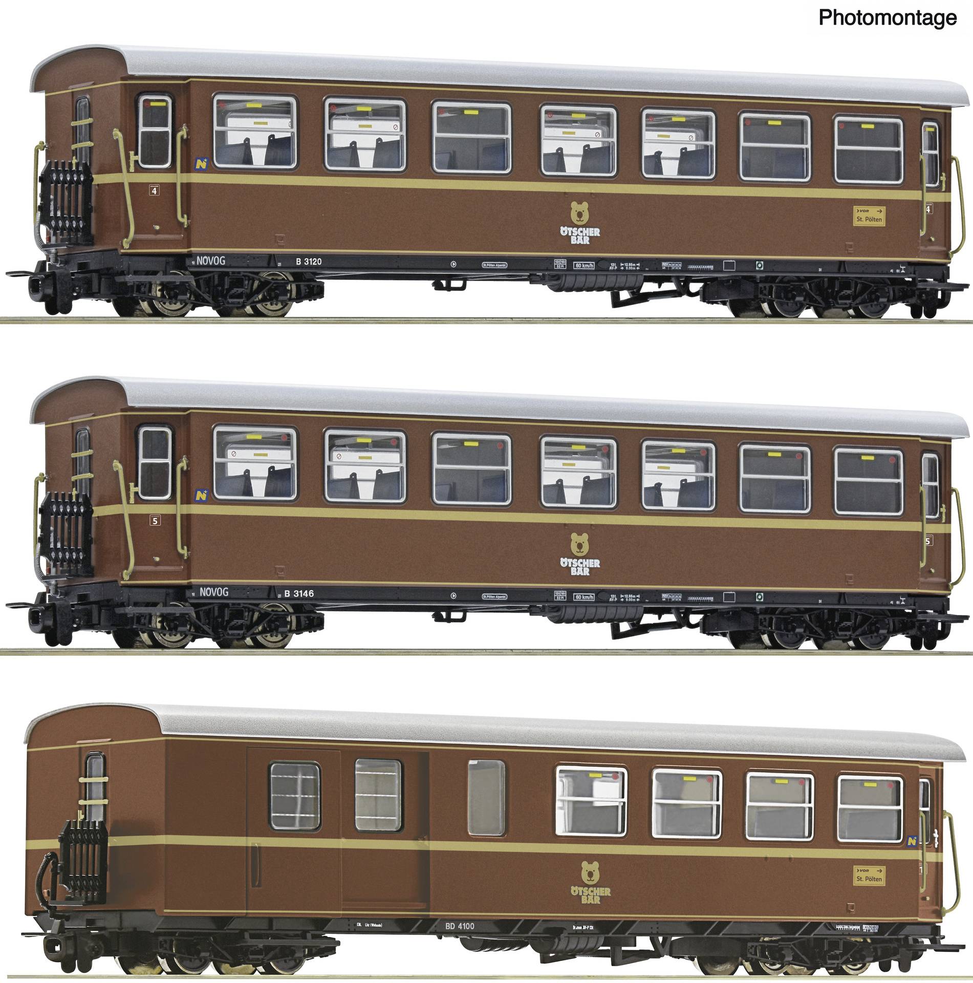 Trois photos de profil d'une voiture de voyageurs ferroviaire vintage marron, montrant la même voiture sous des angles légèrement différents.