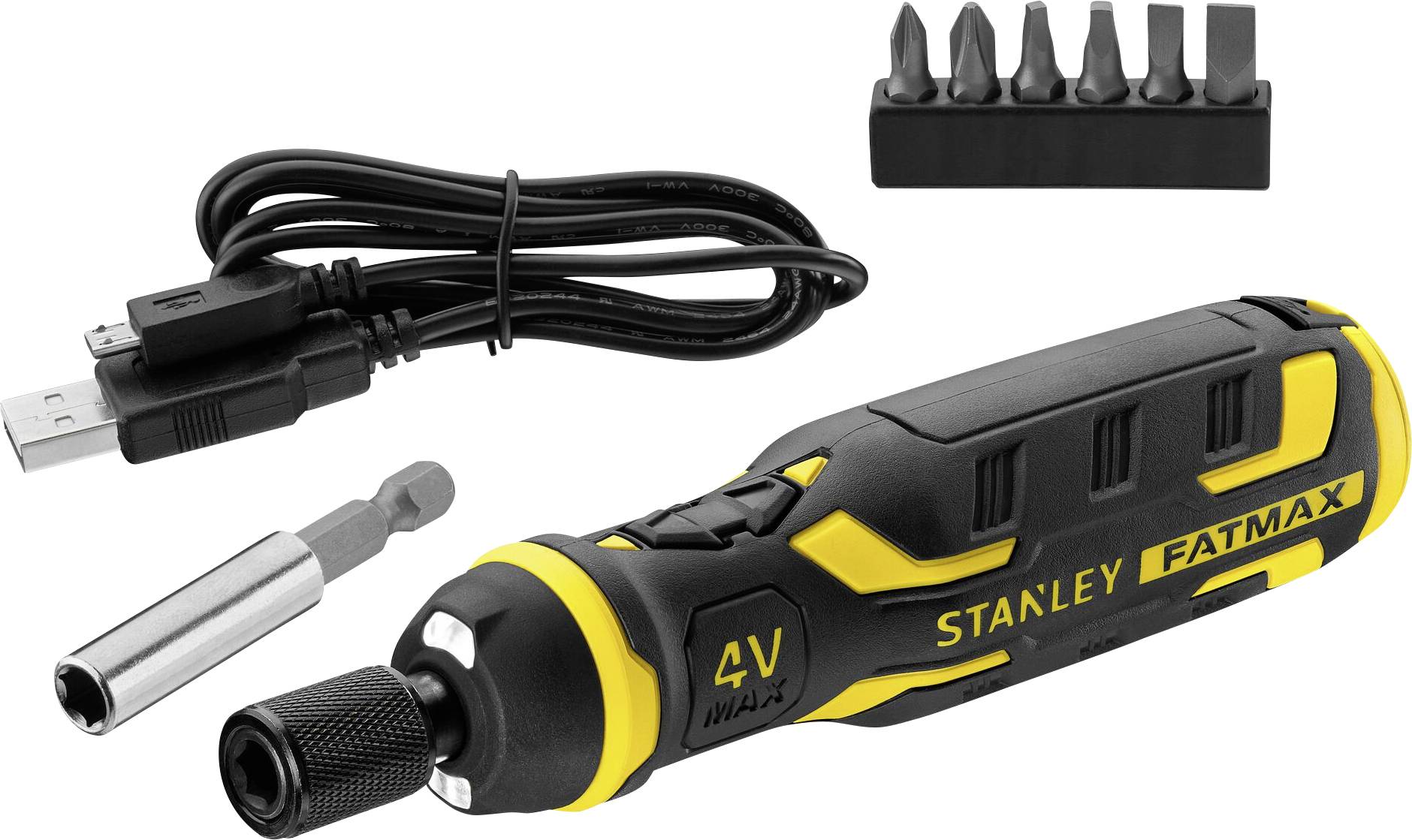 Tournevis sans fil Stanley FatMax 4V avec kit de charge USB, porte-embout et six embouts de tournevis.