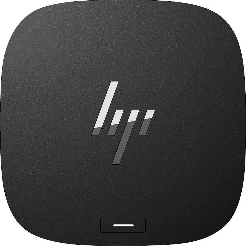 Icône carrée noire de périphérique HP avec le logo HP centré et un petit voyant d'état blanc près du bas.