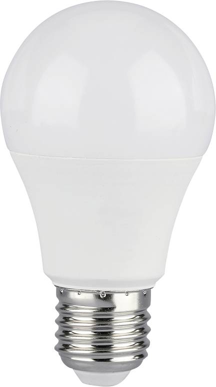 Une ampoule LED blanche avec une base à vis standard sur un fond uni.
