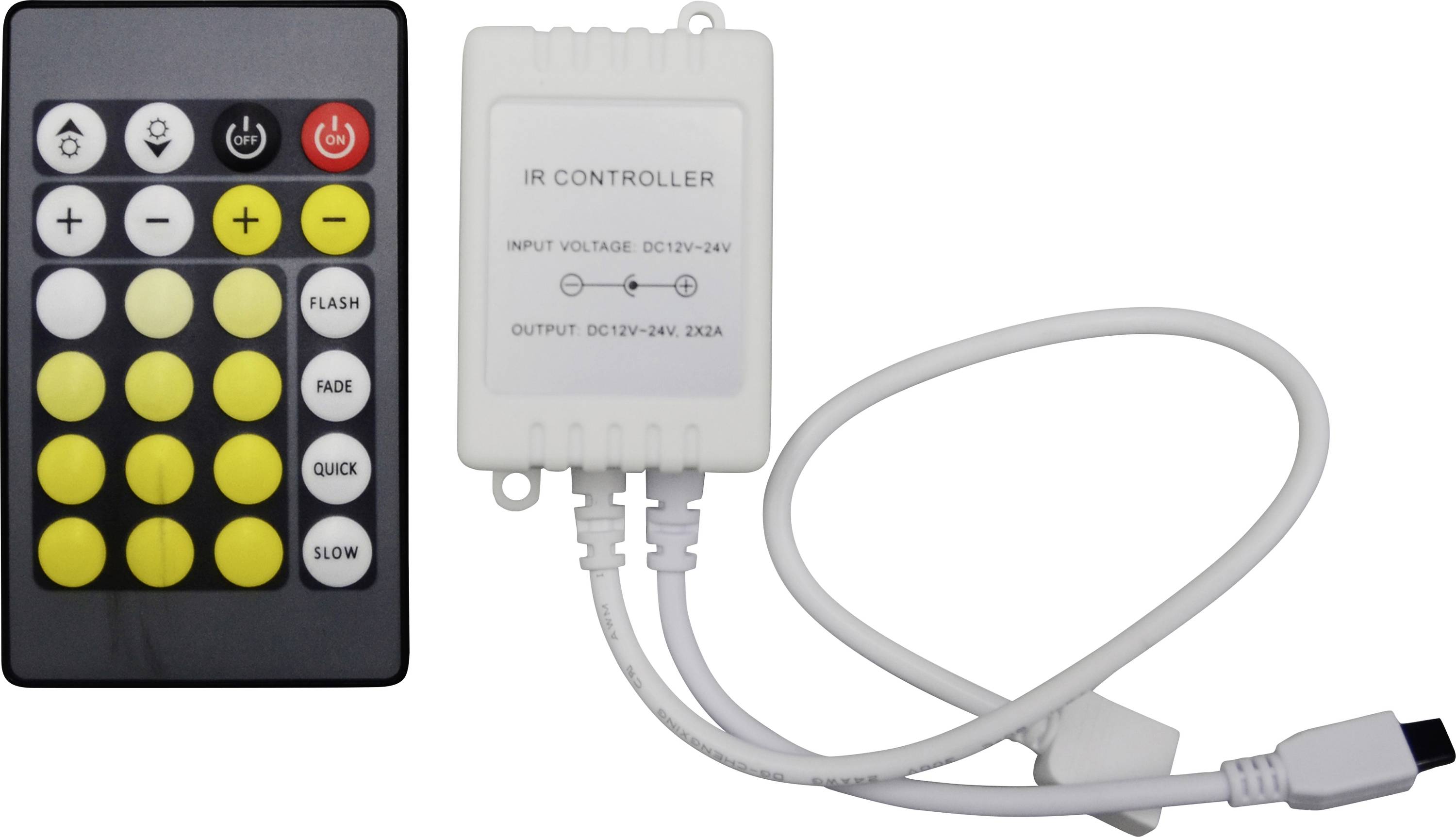 Ensemble contrôleur de bande LED infrarouge avec télécommande noire, boîtier récepteur blanc étiqueté 'CONTRÔLEUR IR' et câble de connexion