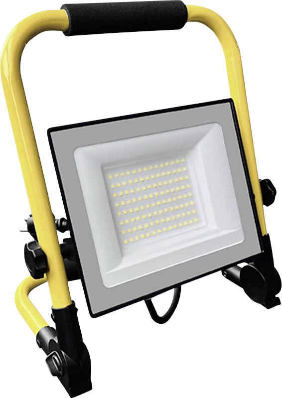 Lampe de travail LED portative avec support jaune et poignée, présentée sur un fond blanc.