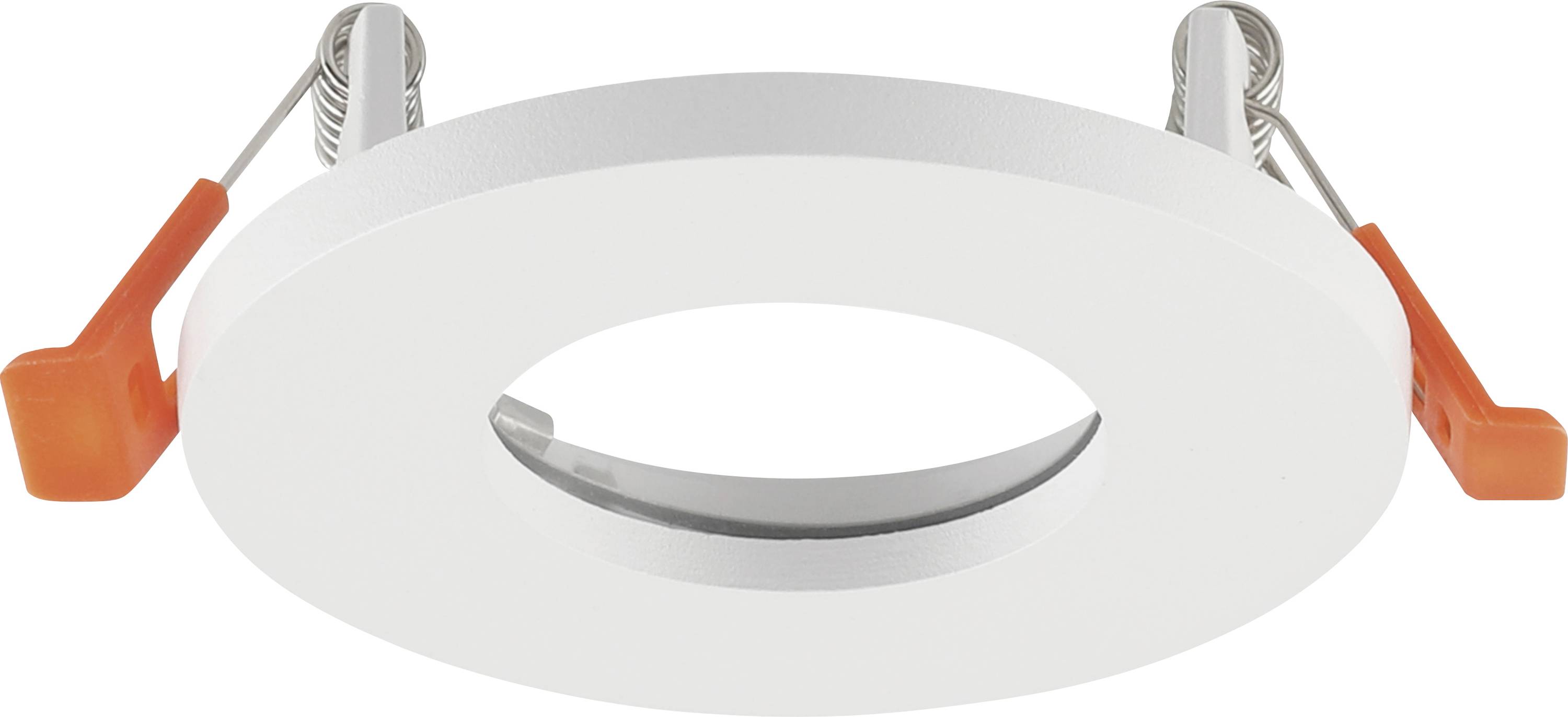 Un projecteur de plafond encastré circulaire avec un anneau de finition blanc, des clips de ressort métalliques et un réflecteur intérieur ajustable.
