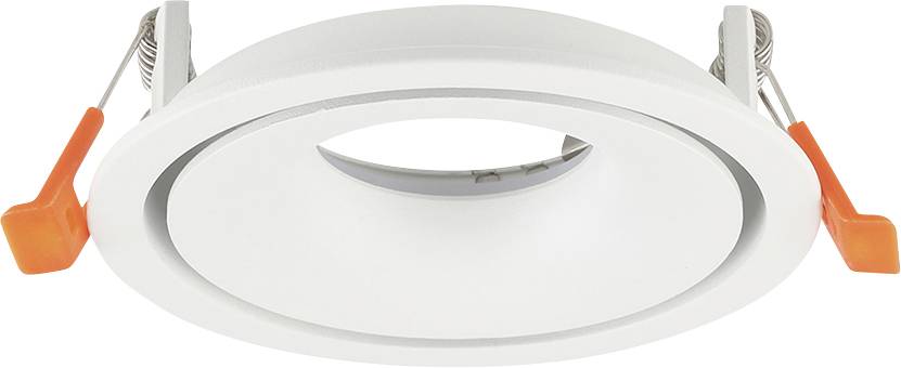 Lumière de plafond LED encastrée ronde blanche avec clips ressort et languettes d'installation orange vue par dessous.
