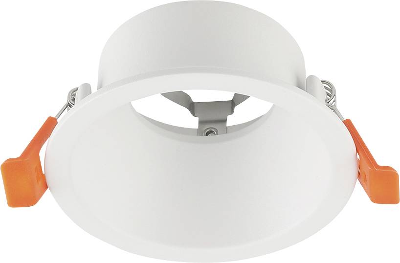 Luminaire encastré au plafond blanc avec clips de ressort orange, vue de dessous sur fond blanc.