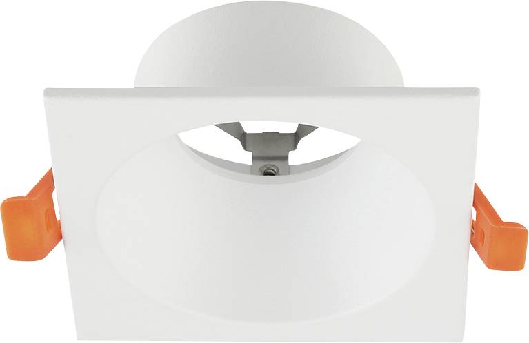Luminaire de plafond encastré blanc avec clips à ressort orange, présenté en vue de face sur fond blanc.
