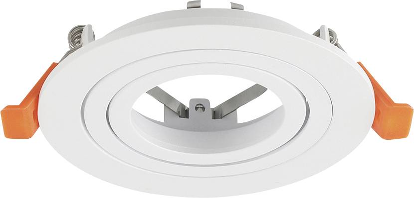 Projecteur LED encastré blanc avec clips de ressort orange sur les côtés et garniture intérieure ajustable sur un fond blanc