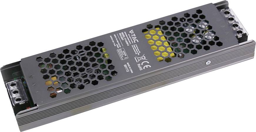 Unité d'alimentation électrique métallique rectangulaire avec grilles de ventilation en nid d'abeille et blocs de bornes à chaque extrémité, présentée sur un fond blanc.