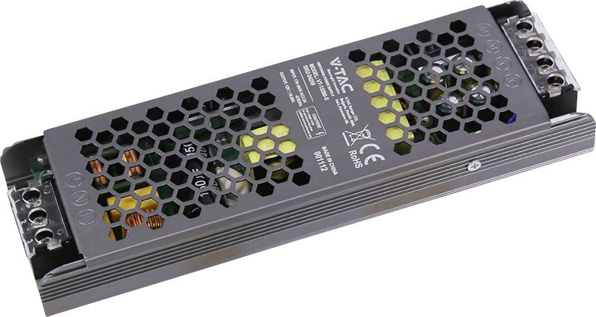 Alimentation électrique LED VTAC noire avec couvercle de ventilation en nid d'abeille et bornes de connexion visibles aux deux extrémités.