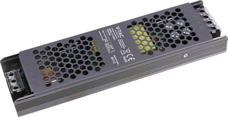 Unité d'alimentation électrique métallique rectangulaire avec trous de ventilation en nid d'abeille et bornes à vis à chaque extrémité, présentée sur un fond blanc.