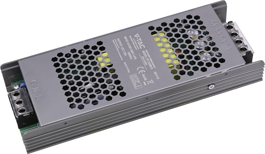 Une alimentation électrique sous boîtier métallique avec des trous de ventilation en nid d'abeille, des blocs de bornes aux deux extrémités, et une étiquette portant la mention « V-TAC ».
