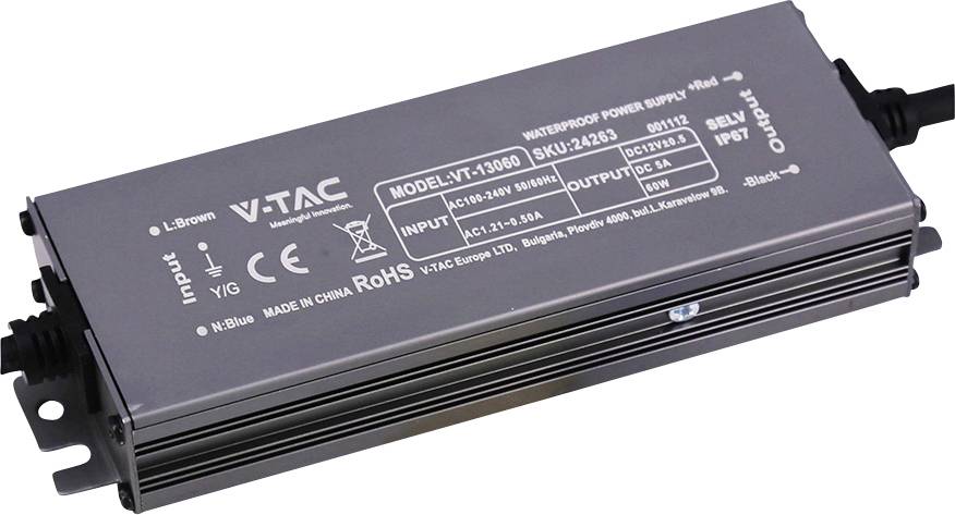 Unité d'alimentation étanche Black V-TAC avec supports de montage et câble attaché.