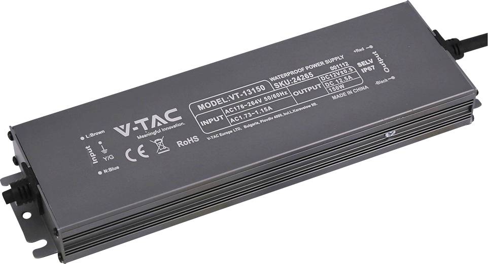 Alimentation LED étanche VTAC noire avec languettes de montage et câbles attachés, étiquetée « MODÈLE : VT-3150 » et spécifications d'entrée/sortie.