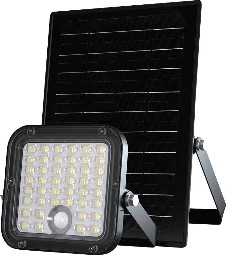 Projecteur LED alimenté par énergie solaire avec détecteur de mouvement installé devant un panneau solaire.