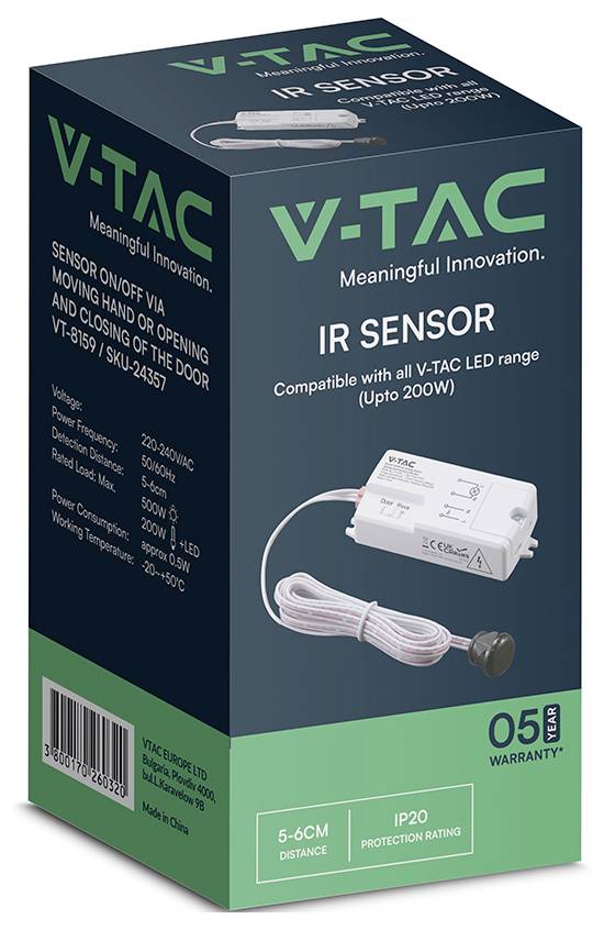 Boîte de produit capteur IR V-TAC montrant un détecteur de mouvement pour éclairage LED, compatible avec la gamme LED V-TAC jusqu'à 200W, avec une distance de 5-6 cm et une classification IP20.