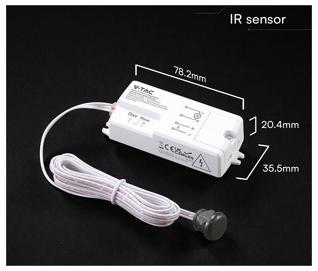 Module de capteur infrarouge V-TAC compact avec sonde filaire attachée, montré avec des dimensions de 78,2 mm par 35,5 mm par 20,4 mm.