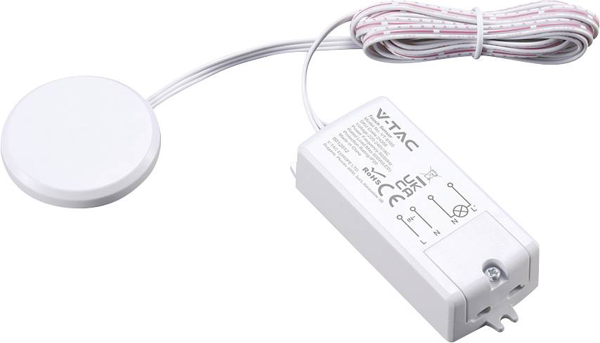 Lampe puck LED ronde blanche avec boîtier de contrôle attaché et câblage enroulé sur fond blanc.