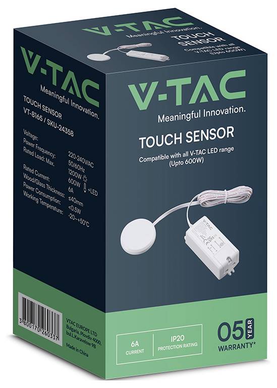 Boîte de produit capteur tactile VTAC, affichant un capteur rond blanc et un module câblé, avec spécifications et « GARANTIE 05 ANS » sur l'emballage.