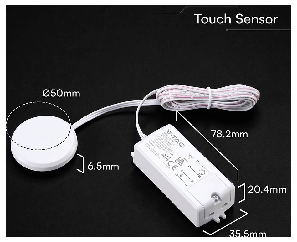Image produit d'un capteur tactile blanc avec un pavé rond de 50 mm, un fil de connexion, et une boîte de contrôle étiquetée avec les dimensions 78,2 mm, 20,4 mm, 35,5 mm et 6,5 mm.