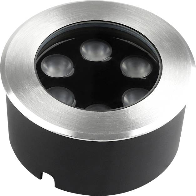 Luminaire d'extérieur rond noir avec bague chromée brossée et cinq lentilles LED