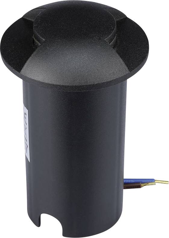 Luminaire encastré au sol cylindrique noir avec un large rebord supérieur et un câble d'alimentation apparent.