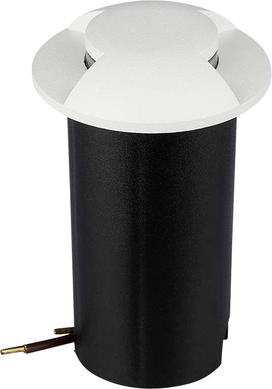 Luminaire de voie en saillie cylindrique noir avec dôme argenté et câble d'alimentation apparent.
