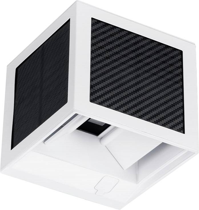 Luminaire de plafond carré blanc avec trois panneaux latéraux texturés noirs et une ouverture lumineuse centrale encastrée.
