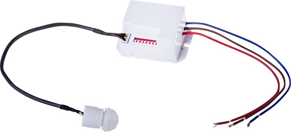Module de connecteur électrique blanc avec fils noirs et rouge/bleu attachés, présenté sur un fond blanc uni.