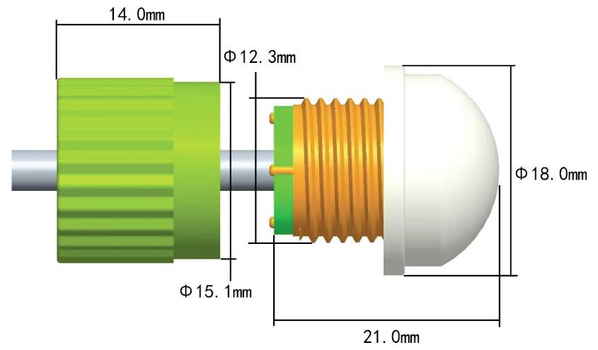 Dessin technique d'un assemblage de connecteur, montrant une vue latérale avec des dimensions étiquetées 14,0 mm, 15,1 mm, 12,3 mm, 18,0 mm et 21,0 mm.