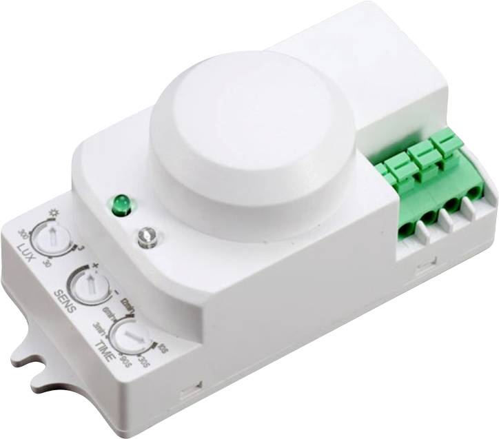 Module de détecteur de mouvement blanc avec trois cadrans d'ajustement, un voyant indicateur vert et des connecteurs de borne verts.