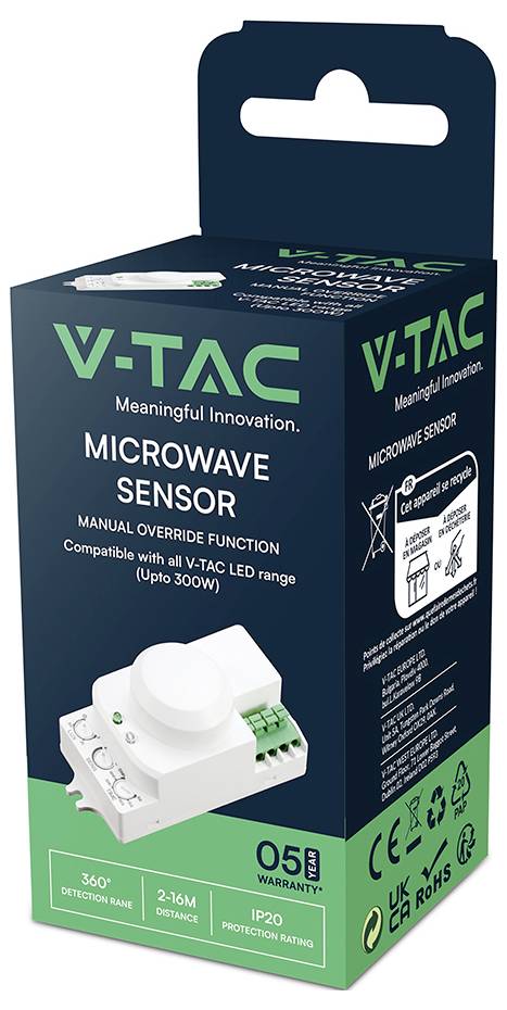 V-TAC microwave sensor product box, labeled 'Meaningful Innovation,' 'Manual Override Function,' 'Compatible with all V-TAC LED range up to 300W,' with 360° detection range, 2-16m distance, IP20, 5-year warranty.