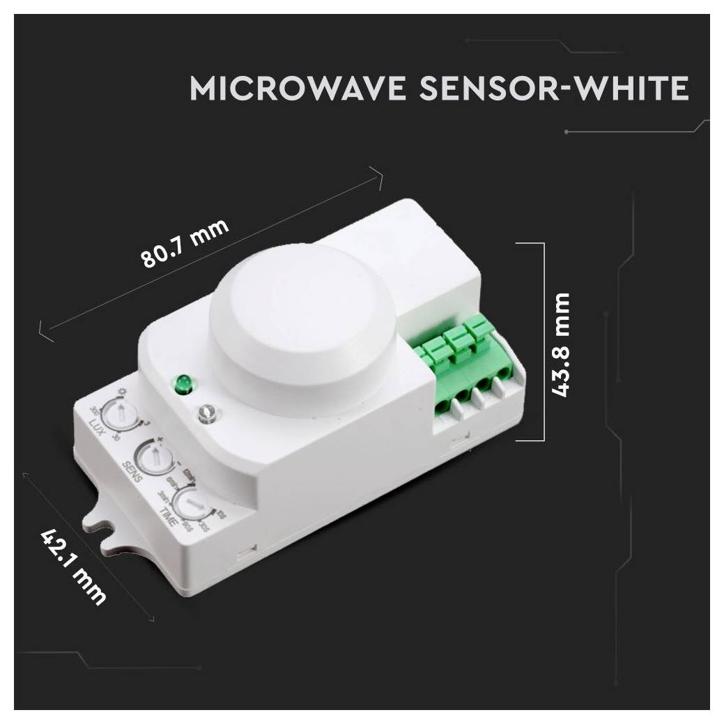Module capteur micro-ondes blanc portant l'étiquette « MICROWAVE SENSOR-WHITE » avec des dimensions de 80,7 mm par 42,1 mm par 43,8 mm.