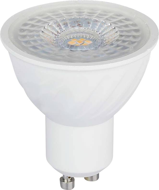 Ampoule projecteur LED avec corps en forme de cône givré et lentille à facettes claires, présentée sur un fond blanc.