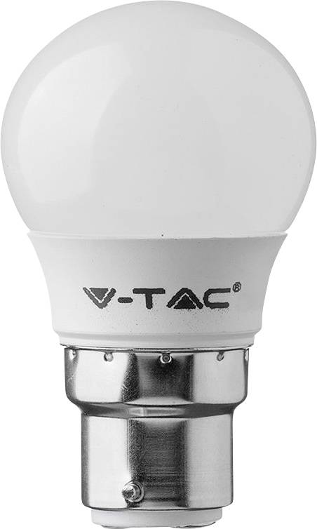 Ampoule LED V-TAC blanche avec base métallique de style baïonnette sur un fond uni.