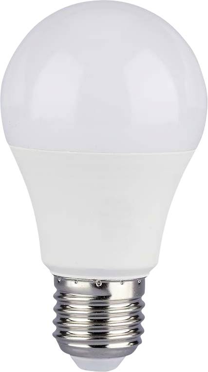 Une ampoule LED blanche avec un dôme givré et une base de vis argentée, présentée sur un fond uni.