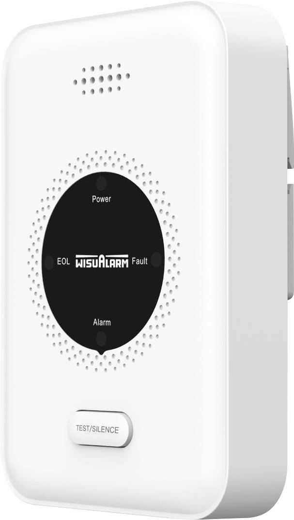 Détecteur de fumée WisaAlarm blanc monté en applique murale avec panneau central noir affichant l'état, étiqueté Power, EOL, Fault, Alarm, et un bouton TEST/SILENCE
