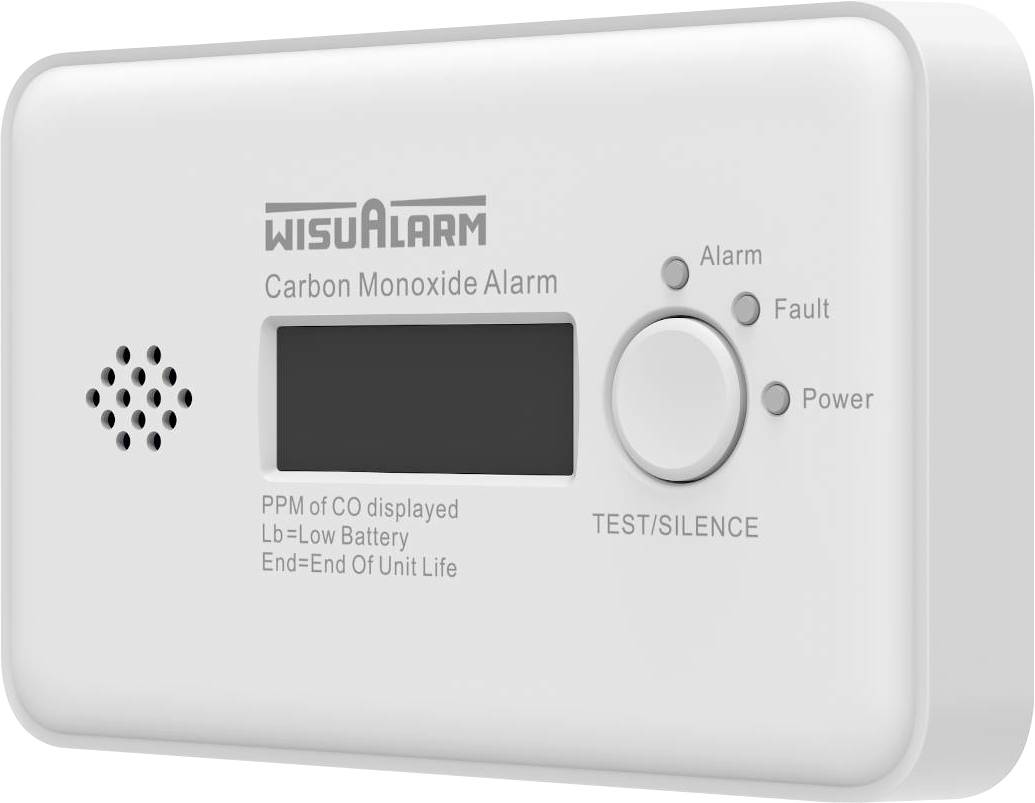Alarme monoxyde de carbone WisuAlarm blanc avec écran numérique, évents du haut-parleur, bouton test/silence et voyants indicateurs d'alarme, de défaut et d'alimentation.