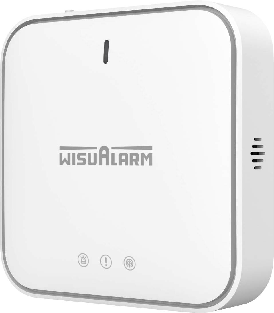 Alarme murale Wisualarm blanche avec voyant indicateur d'état et trois petites icônes de contrôle sur le devant.