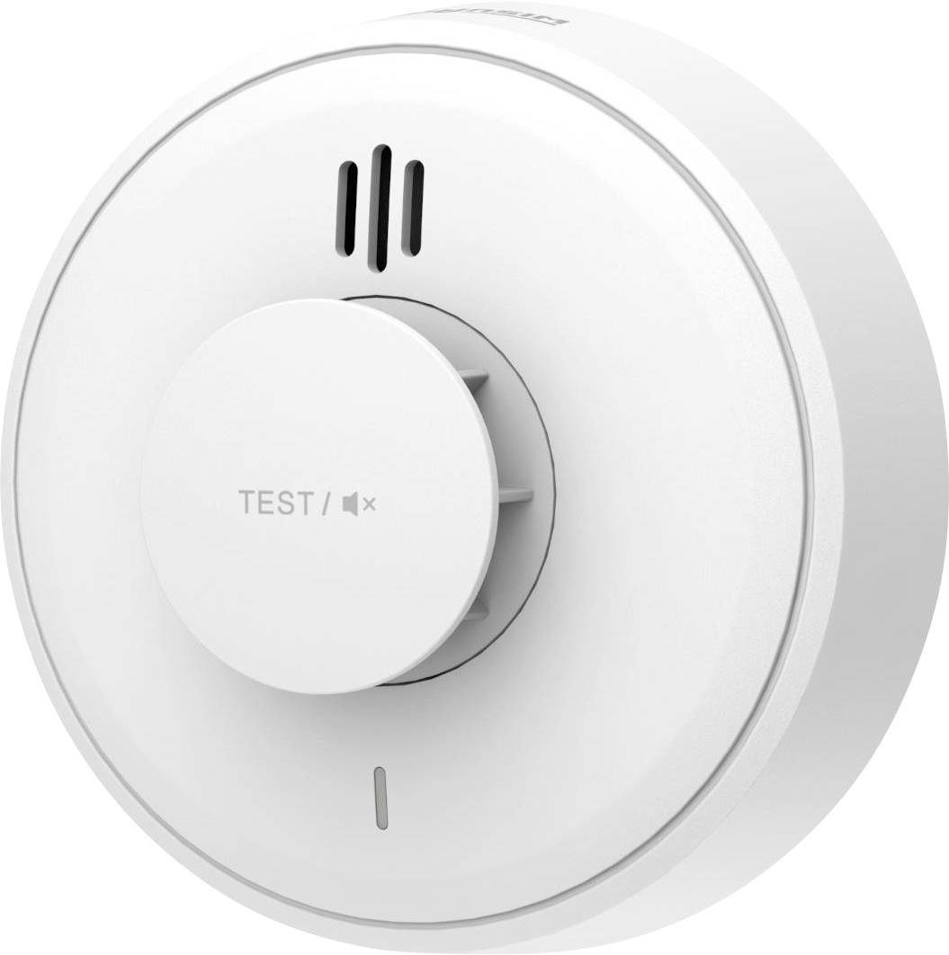 Détecteur de fumée blanc avec un bouton « TEST » central et des ouvertures de haut-parleur d'alarme, présenté de face sur un fond uni.