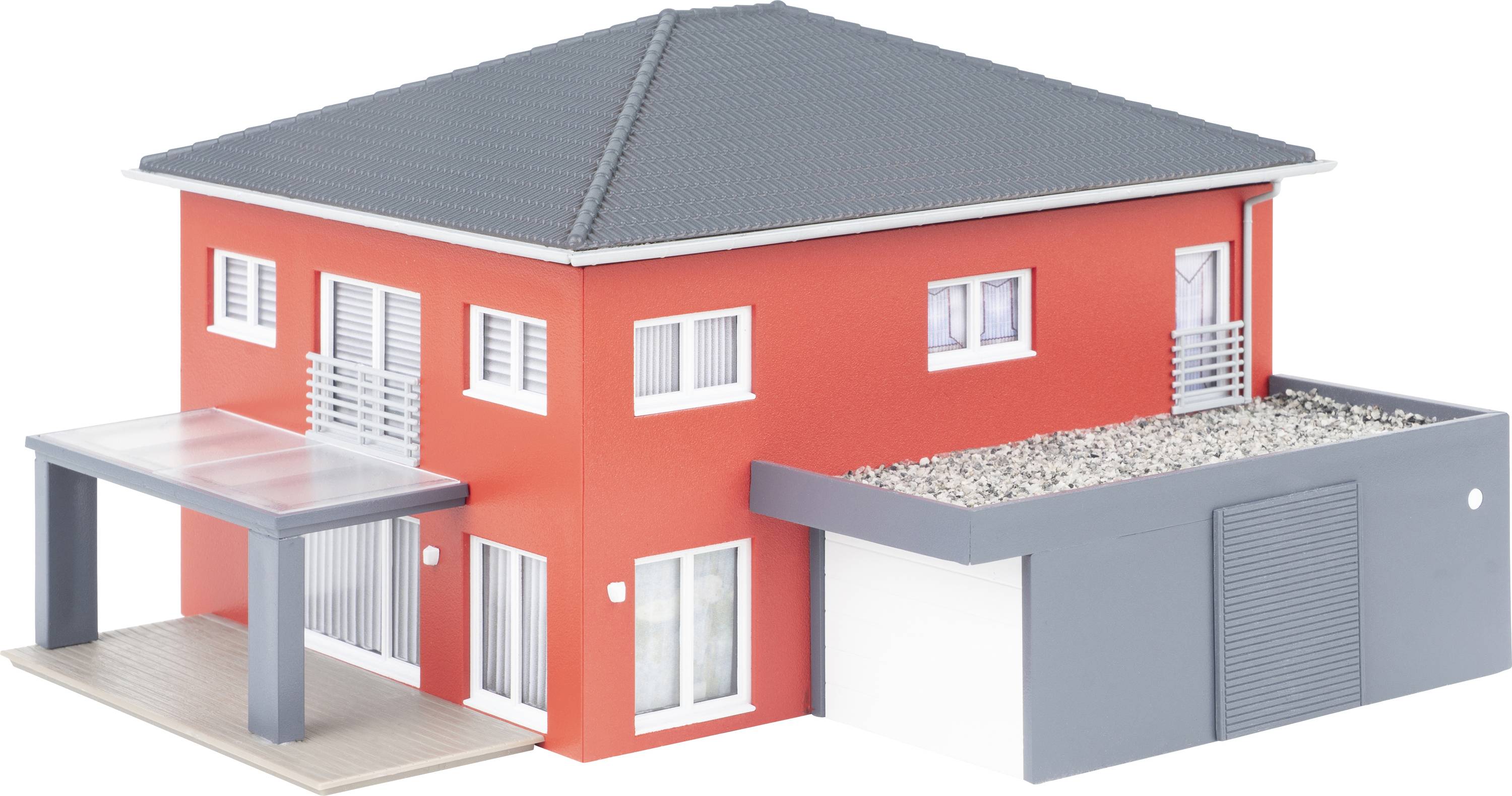 Rendu 3D d'une maison moderne à deux étages de couleur rouge avec un toit gris, un carport attaché et une extension de garage à toit plat sur un fond blanc.