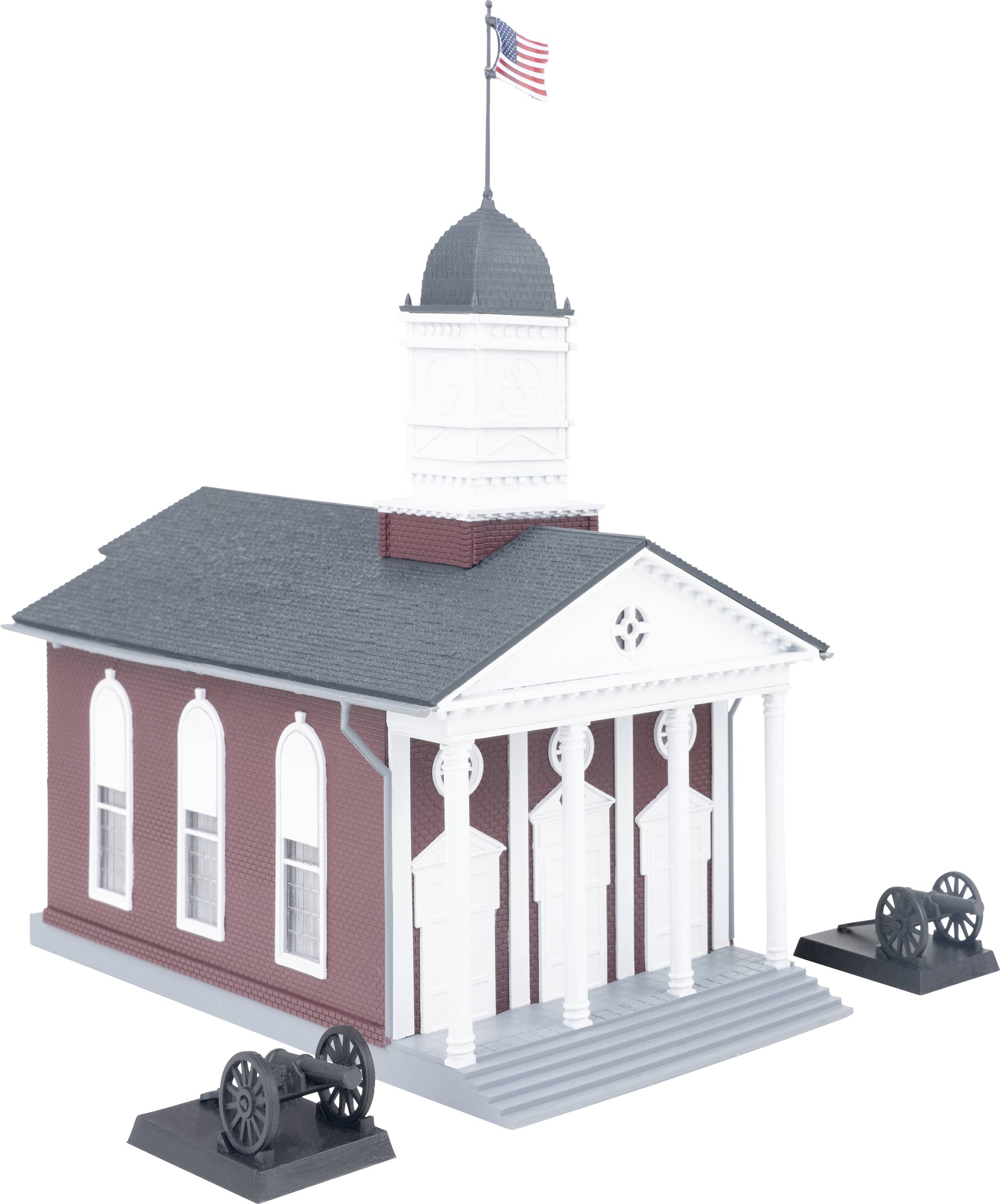 Maquette d'un palais de justice historique en brique rouge avec des colonnes blanches, une coupole en dôme et un drapeau américain au sommet, présenté sur un fond blanc uni.