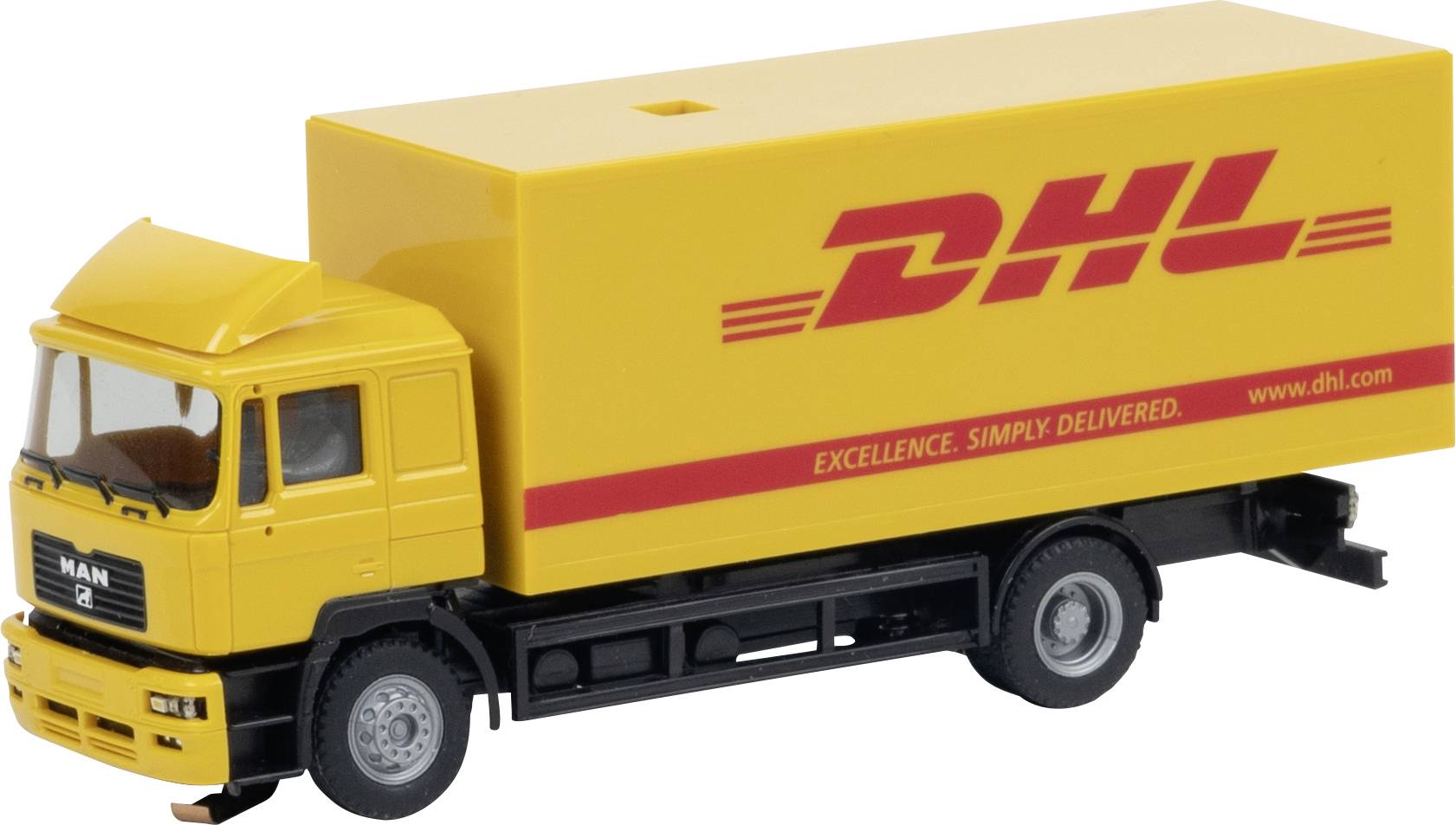 Modèle de camion de livraison DHL jaune avec logo DHL rouge et texte « Excellence. Simplement livrée. » sur la boîte de chargement.