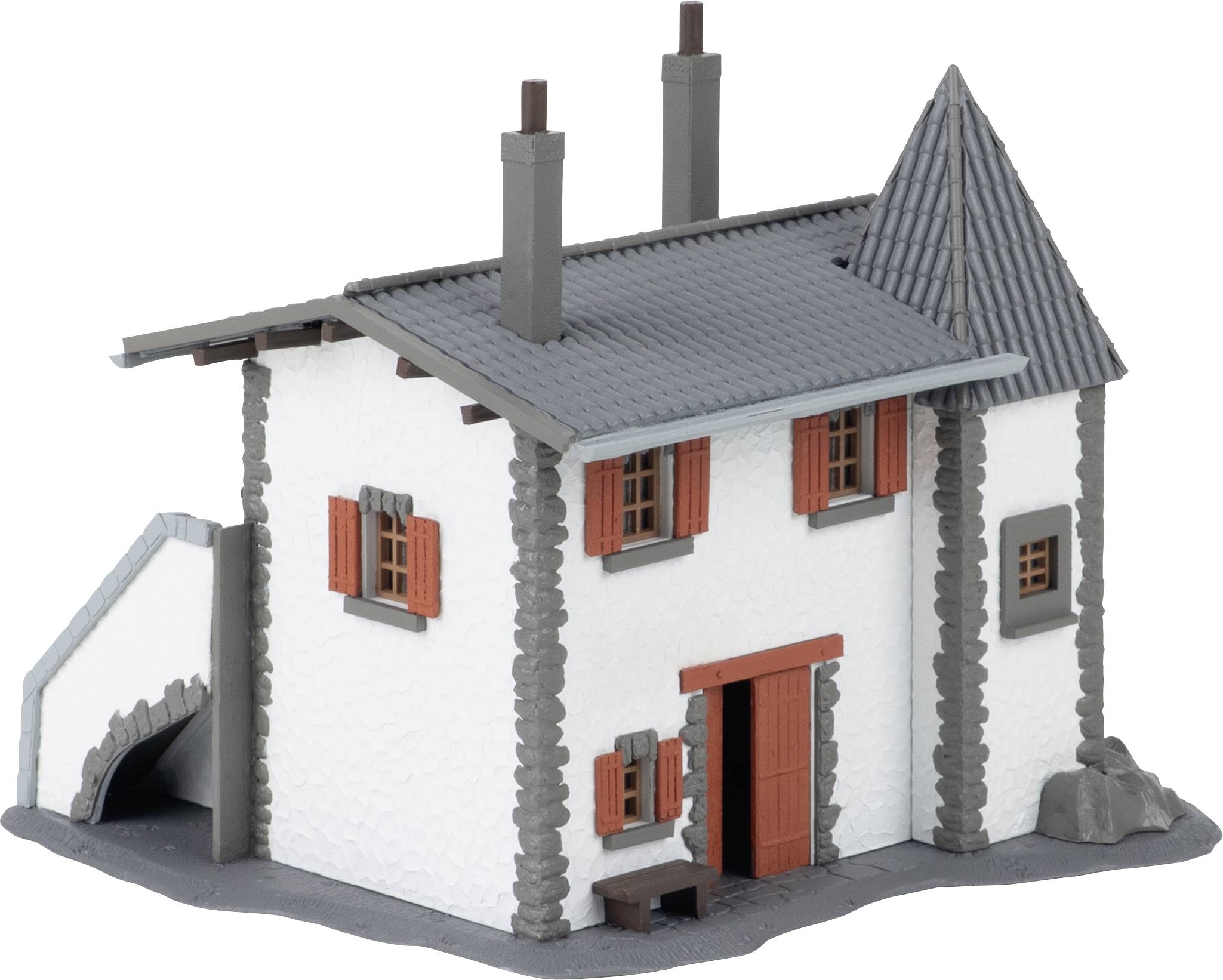 Modèle 3D d'une petite maison blanche avec un toit gris, deux cheminées, des volets rouges et un garage latéral avec ouverture.