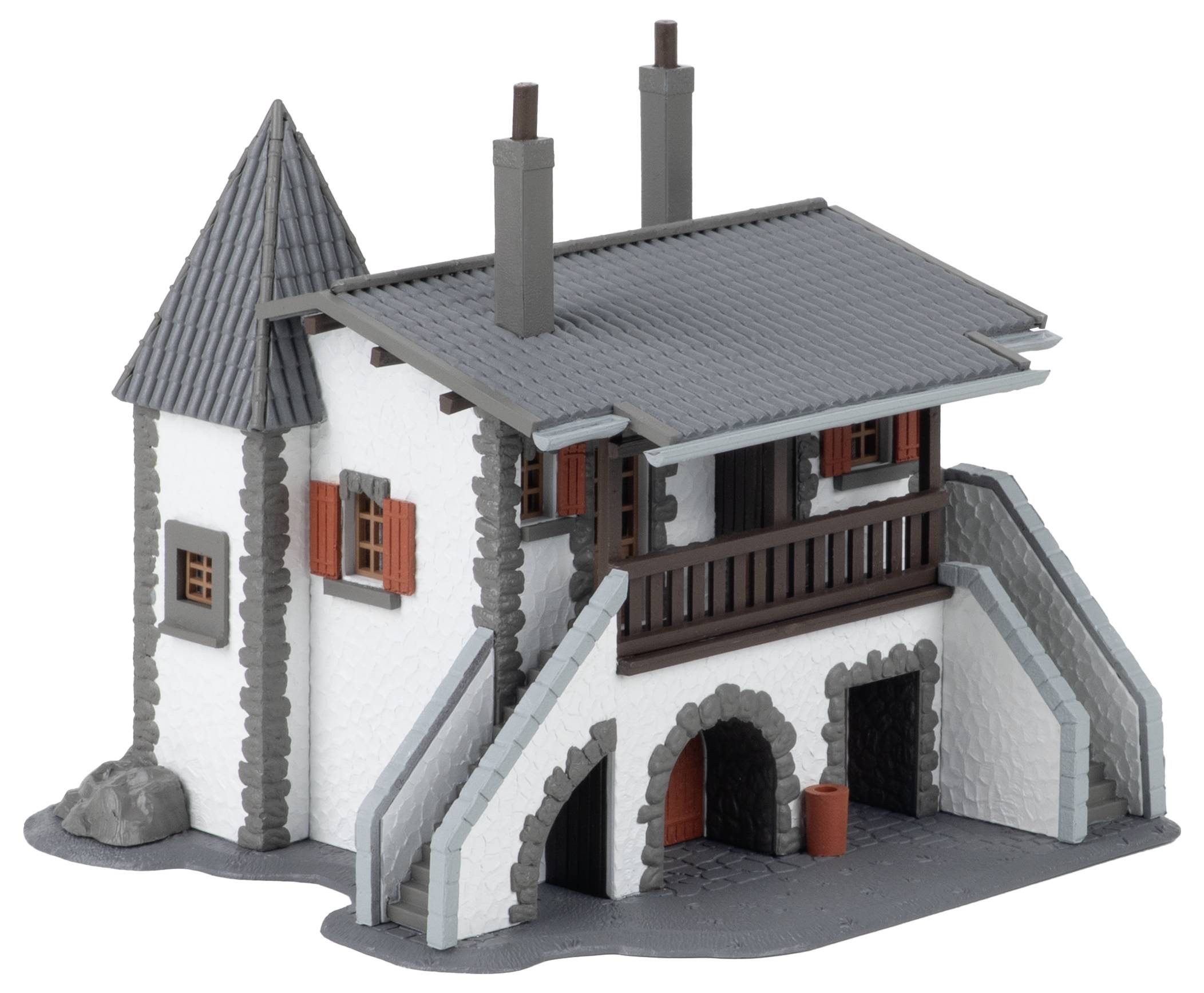 Modèle 3D d'une petite maison blanche avec toit gris, tour, escalier extérieur et balcon.