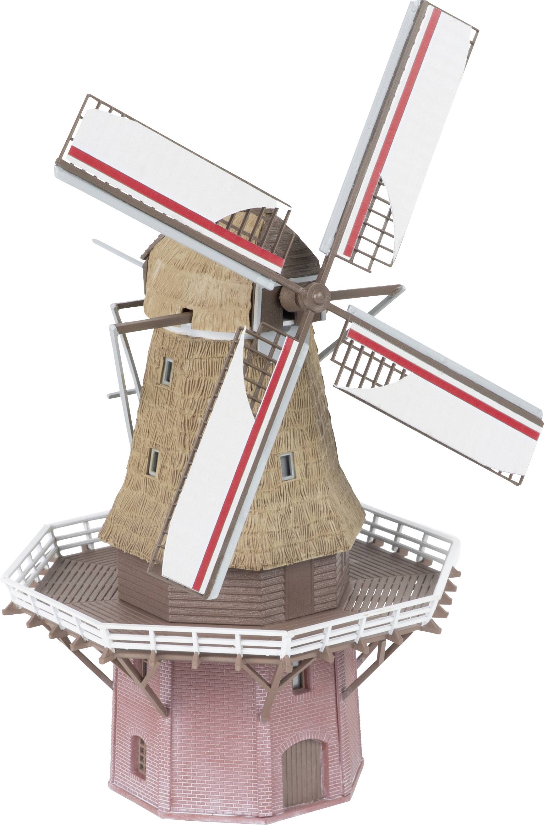 Modèle d'un moulin à vent traditionnel avec quatre pales blanches et une base rose, présenté en isolation sur un fond blanc.