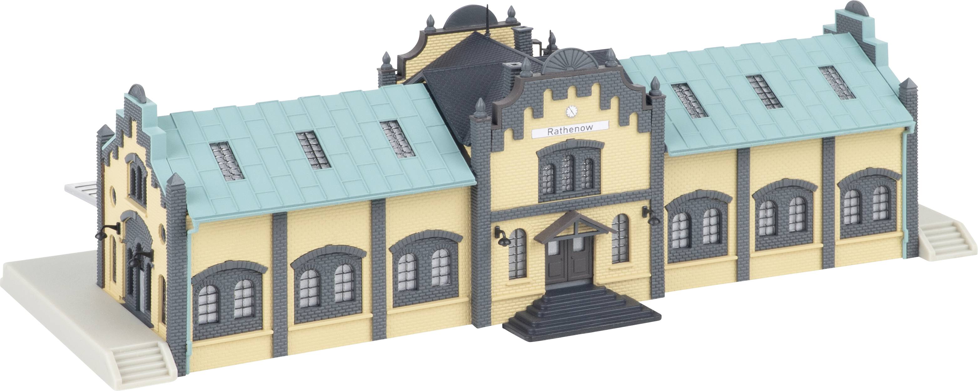 Modèle 3D d'un bâtiment de gare historique avec un toit bleu canard, une entrée centrale et des marches, présenté isolé sur un fond blanc.