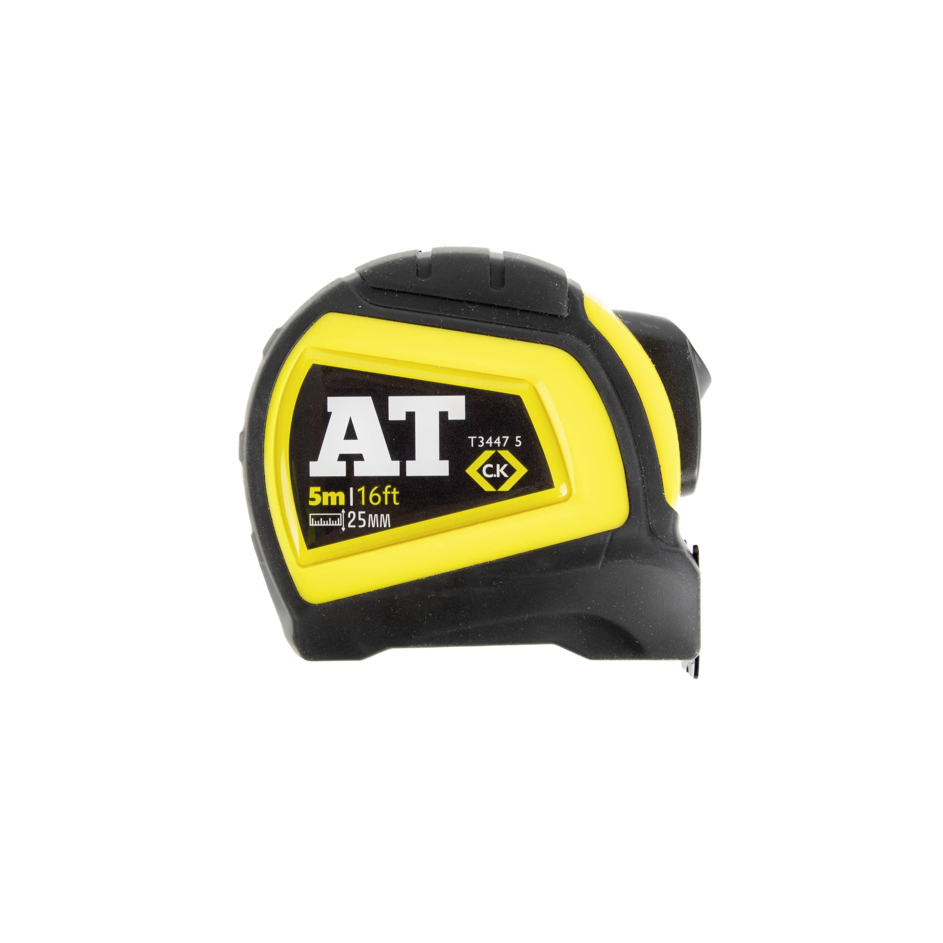 Yellow and black retractable tape measure marked 'AT', 5m/16ft and 25mm, shown on a white background.